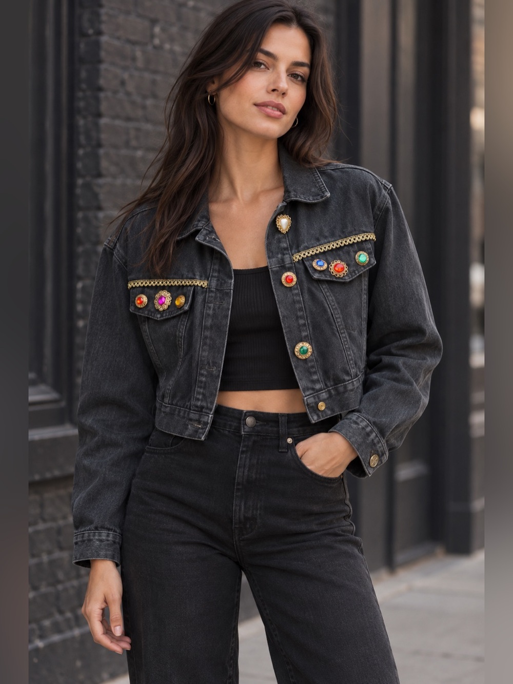 Vintage 80s Swift Black Denim Jacket Cropped Bejeweled Rhinestone Embellished L